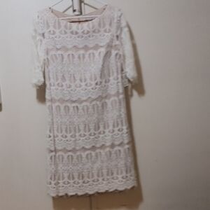 White Sheath Dress with Puff Sleeves and Bateau Neckline